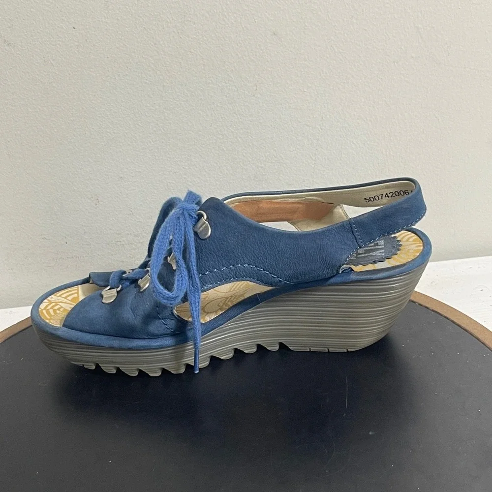 Fly London Slingback Wedge Sandals 8.5 / 39‎ Blue Suede Leather Lace Up Casual